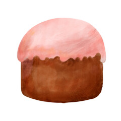 Watercolor Easter cake with pink icing, hand drawn. Easter decoration, cake with icing, isolated on white background. Easter icons, decorative