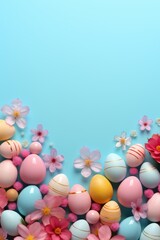 Fototapeta na wymiar Easter background with eggs and spring flowers.