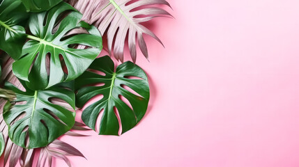 A bright and creative color scheme created from tropical leaves on a pink background