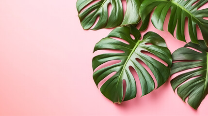 A bright and creative color scheme created from tropical leaves on a pink background