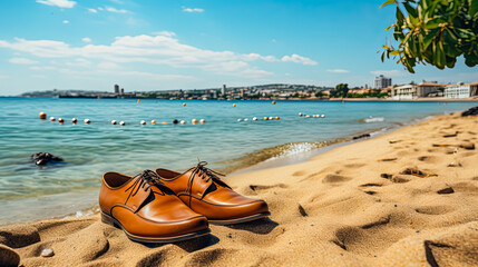 Stylish mens shoes elegantly placed against the backdrop of a sandy beach