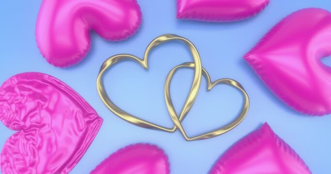 Couple of Gold Hearts Surrounded with Inflating Heart Shaped Reflective and Glossy Balloons are Colored in Bright Pink. 3D 4K Animation on Blue Flat Background for Valentine's, Mother Day and 8 March.