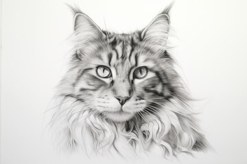 Pencil drawing cat on paper, photorealistic portrait of cute pet, illustration. Painted animal face isolated on white background. Concept of design, nature, realistic art, sketch