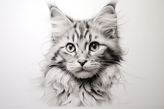 Pencil drawing cat on paper, photorealistic portrait of cute pet, illustration. Painted kitten face isolated on white background. Concept of design, animal, nature, art, sketch