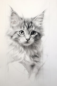 Pencil drawing kitten on paper, photorealistic portrait of cute pet, vertical illustration. Painted cat face on white background. Concept of design, animal, nature, art, sketch