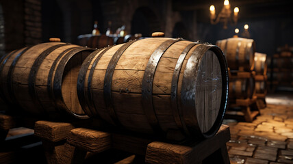 Vintage wooden barrels stored in dark wine cellar, old brown oak casks in storage of winery. Concept of vineyard, viticulture, production, wood, warehouse, winemaking, whiskey