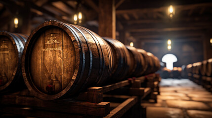 Vintage wooden barrels stored in dark wine cellar, perspective of old brown oak casks in storage of winery. Concept of vineyard, viticulture, production, wood, warehouse, winemaking