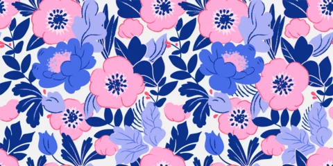 Fotobehang Decorative seamless floral pattern. Vector design for textile, fabric, wallpaper, web, print. Pink and blue stylized flowers and plants. Vector pattern  © sunny_lion