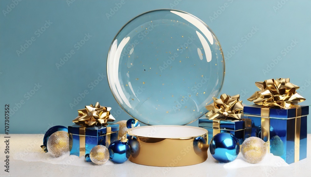 Poster 3d render blue holiday wallpaper festive blue and gold christmas ornaments and gift boxes empty glass snow ball stage platform for product presentation