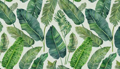 seamless pattern with tropical leaves palm colocasia banana hand drawing botanical vintage...