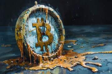 A conceptual art piece of a Bitcoin melting like a clock in a Salvador Dali style, surreal and thought-provoking