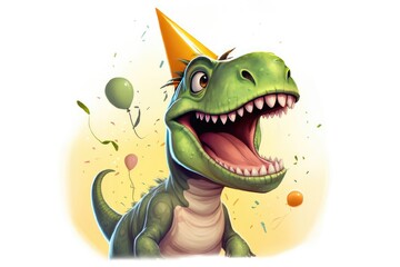 Illustration of cute dinosaur with colorful balloons. Greeting birthday card, poster for children. White background