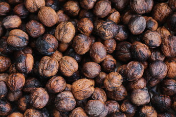 Organic, natural agriculture in the garden of the village house. Hard-shelled walnut fruit from the Juglans regia L. family. Photo of a lot of brown shelled walnuts and nuts in a large chest, basket.
