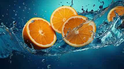 Pieces of fruit of oranges in water splash, half of oranges in blue water as background texture