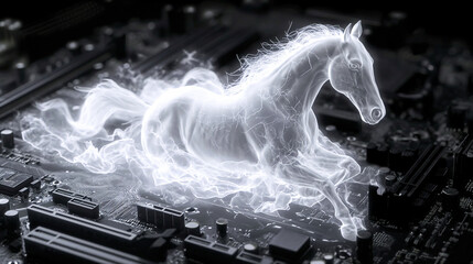 white, ghostly horse made of smoke or mist, standing on a computer motherboard, with a dark, high-tech background