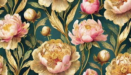 vintage botanical pattern seamless floral background with luxurious peonies picturesque wallpaper with golden lines lush flowers lovely garden illustration design for fabric textile clothing - obrazy, fototapety, plakaty