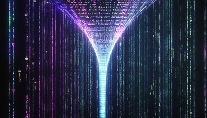 electrical impulse binary code futuristic wave neon streaming data stream 3d illustration data funnel stream technology cyberpunk funnel