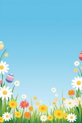 Flat cartoonish style easter banner with colorful eggs, grass and flowers, with empty copy space Generative AI