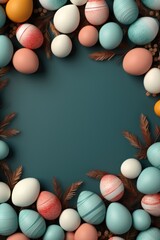 Colorful Easter eggs with spring blossom flowers. Spring holiday.
