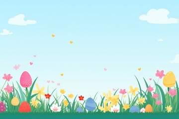 Flat cartoonish style easter banner with colorful eggs, grass and flowers, with empty copy space Generative AI