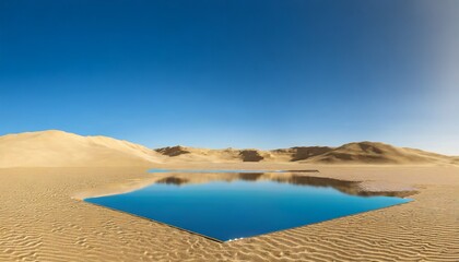 3d render abstract fantastic panoramic background desert landscape with sand water and square mirror under the clear blue sky modern minimal aesthetic wallpaper