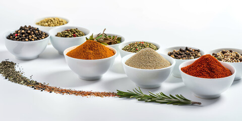 Assortment of different dry spices with leaf in white ceramic round cups on a white background. Spicy and savory spices for cooking and seasoning dishes.