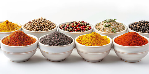 Assortment of different dry spices in white ceramic round bowls on a white background. Spicy and savory spices for cooking and seasoning dishes.