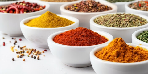 Assortment of different dry spices in white ceramic round bowls on a white background. Spicy and savory spices for cooking and seasoning dishes.