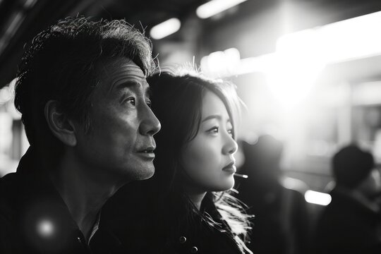 Fototapeta Monochrome profile shot of a man and woman in deep thought, with a light flare adding drama to the scene
