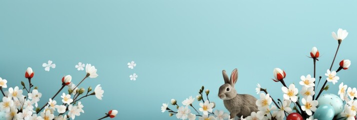 Easter cute fluffy little bunny spring flower meadow easter holiday - obrazy, fototapety, plakaty