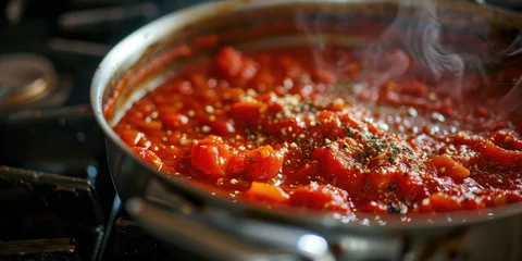 Foto op Canvas Close-up of red spicy sauce cooking in a metal pot. Recipe for making red sauce for dressing dishes, thick texture of vegetable puree. © dinastya