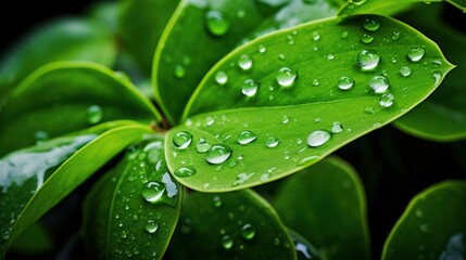 Gentle raindrops lightly tap on the lush green leaves
