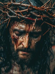 Divine Sacrifice: A powerful portrayal of Jesus Christ in pain with the crown of thorns, a symbol of the Christian belief in sacrifice, redemption, and the miraculous resurrection celebrated during th - obrazy, fototapety, plakaty