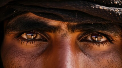 Extreme close-up of an Arabian man's brown eyes, capturing a powerful and penetrating gaze