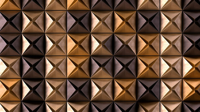 The image shows a seamless geometric pattern with a 3D effect, featuring interconnected bronze and dark brown shapes with varying shades and highlights.Background concept. AI generated.