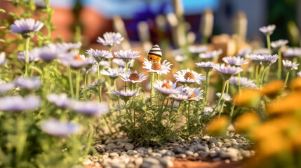 Daisies bloom in a sun drenched spring meadow.