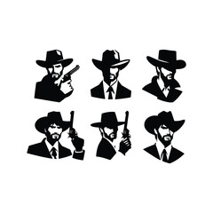 set of cowboy face silhouette vector black and white