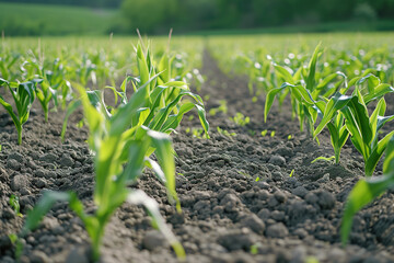 Young corn plants growing on the field on a sunny day. Selective focus.