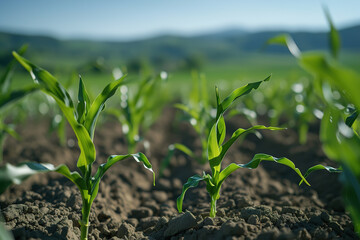 Young corn plants growing on the field on a sunny day. Selective focus.