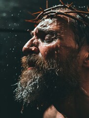 Divine Sacrifice: A powerful portrayal of Jesus Christ in pain with the crown of thorns, a symbol of the Christian belief in sacrifice, redemption, and the miraculous resurrection celebrated during th