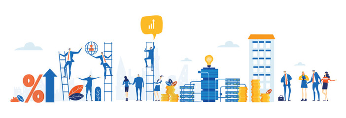 Business people, bankers, economists are working together, making profits, investing and calculating money. Financial and banking concept, flat style 