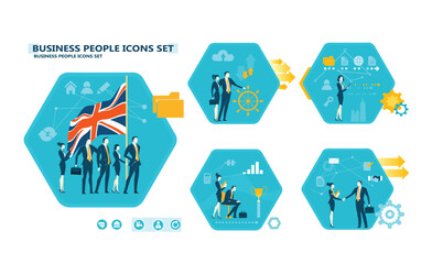 Business people in actions, working, researching, analysing, developing, achieving, job positions, scientists and managers. Set of icons, flat style