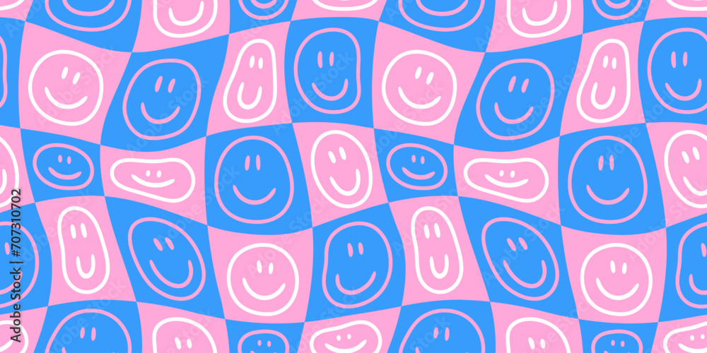 Aufkleber funny smiling happy face colorful checkered seamless pattern. retro psychedelic checker board tile s
