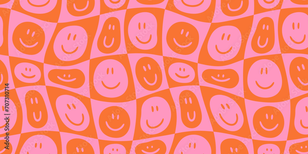Aufkleber funny smiling happy face colorful checkered seamless pattern. retro psychedelic checker board tile s