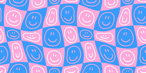 Funny smiling happy face colorful checkered seamless pattern. Retro psychedelic checker board tile smile icon background texture. Trendy cartoon doodle wallpaper.