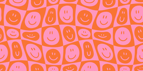 Funny smiling happy face colorful checkered seamless pattern. Retro psychedelic checker board tile smile icon background texture. Trendy cartoon doodle wallpaper. - obrazy, fototapety, plakaty