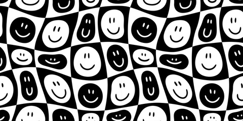 Funny smiling happy face checkered seamless pattern. Retro psychedelic checker board tile smile icon background texture. Black and white cartoon doodle wallpaper. - obrazy, fototapety, plakaty