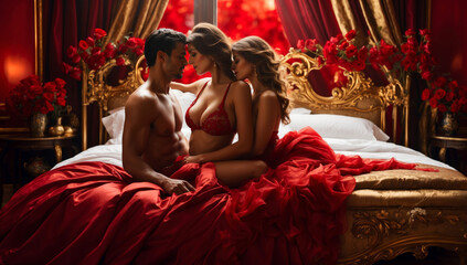 An attractive man has fun in bed with two women - obrazy, fototapety, plakaty