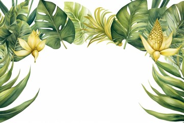 Fototapeta na wymiar Watercolor drawing of a seamless border with gold and green palm, monstera, and rainforest leaves. Perfect as a web banner frame. Generative AI