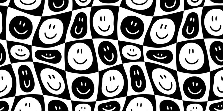Funny smiling happy face checkered seamless pattern. Retro psychedelic checker board tile smile icon background texture. Black and white cartoon doodle wallpaper.